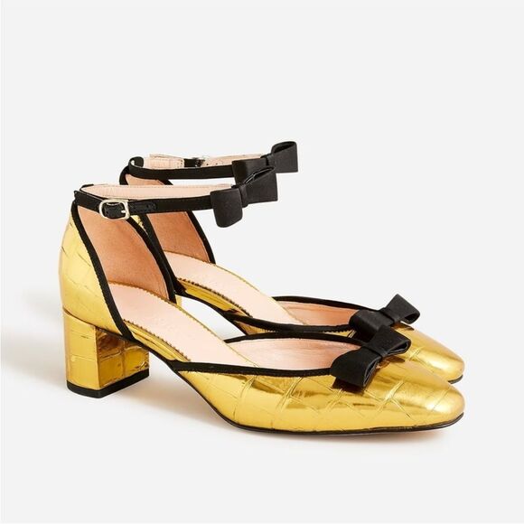 J. Crew Millie Bow Ankle Strap Heels in Metallic Croc Embossed Leather Gold 10 - Picture 1 of 12